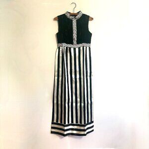 Unique Vintage Black Velvet & Striped Maxi Dress Gown / Sleeveless